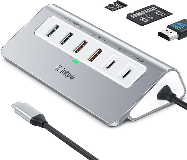 intpw USB C Hub, P9 PRO USB C Hub Multiport Adapter with 4K HDMI, PD 100W, Type-C & 2 USB A 3.2 10Gbps, 2 USB A 2.0, SD/TF Card Reader, Aluminum USB Hub for Laptop, iPhone 17 Series, MacBook, iPad