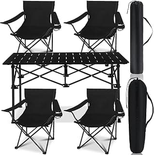 5 Pcs Summer Portable Camping Chair and Folding Camping Table Set Outdoor Oxford Fabric Folding Chair Lawn Portable Camp Table with Cup Holder Carry Bag for Travel Fishing Sport(Black)