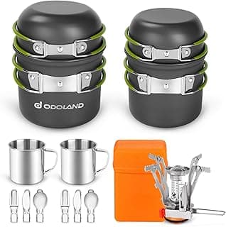 Odoland 16pcs Camping Cookware Mess Kit for 2 People, Lightweight Pot Pan Mini Stove with 2 Cups, Fork Spoon Kits for Backpacking, Outdoor Camping Hiking and Picnic
