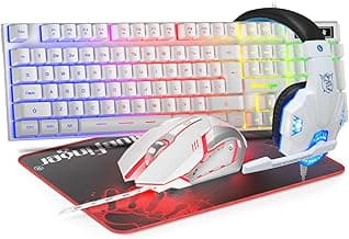 BlueFinger RGB Gaming Keyboard and Backlit Mouse and Headset Combo, USB Wired Backlit Keyboard, LED Gaming Mouse Set, Headset with Microphone for Laptop PC Computer Game and Work, White