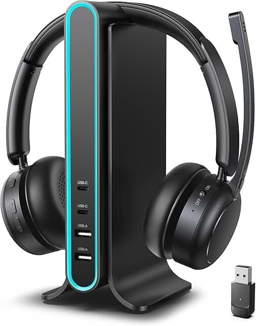 Bluetooth Headset, Wireless Headset with Mic for Work, Qualcomm Dongle, 5.4 Headsets with Microphone for Work, Wireless Noise Cancelling Headphones (Black)
