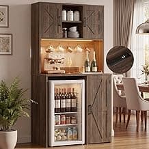 Unikito Mini Fridge Cabinet with Storage, Coffee Bar Cabinet with Outlet & Led Light, Wine Bar Stand with Mini Fridge Space & Microwave Shelf, Beverage Station for Kitchen Dorm Office, Weathered Brown