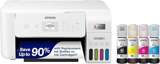 Epson EcoTank ET-2803 Wireless Color All-in-One Cartridge-Free Supertank Printer with Scan, Copy and AirPrint Support