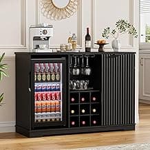 Coffee Bar Cabinet with Fridge (Fridge Included), Fluted Wine Bar Cabinet with Wine Rack and Glass Holder, Buffet Sideboard Table Liquor Cabinet with Drawer & Storage, Home Bar, Black