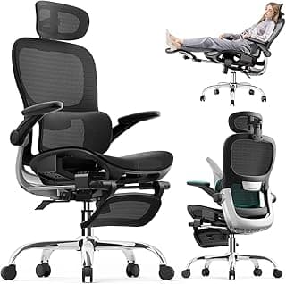 Ergonomic Office Chair,Office Chair with Tilt Function,Mesh Office Chair with Footrest,Ergonomic Chair with Adaptive Backrest, Adjustable Headrest,SGS Class 4 Gas Clylinder and Flip-Up Armrests