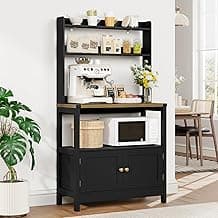 Lomojo Microwave Stand Bakers Rack Cabinet, Freestanding 5-Tier Kitchen Shelves, Farmhouse Floor Hutch Door Thickened Counter,Utility Storage Shelf, Coffee Bar (Black)