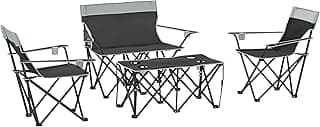 Outsunny 4 Piece Portable Camping Table and Chairs, Folding Picnic Table with Camping Chairs Set of 4, Outdoor Lawn Chair Set with Table, Cup Holders for Hiking, Picnic, BBQ, Grey