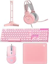 FANTECH Wired Gaming Keyboard and Mouse Set, Over-Ear Headphone and Headset Stand, Gaming Mouse Pad Wired RGB Rainbow Mice, PC Beginner Gamer Basic 5 in-1 for,PC,Laptop,Xbox Pink