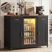 Unikito Coffee Bar Cabinet with Mini Fridge Space, Mini Fridge Cabinet Stand with Power Outlet, Liquor Wine Cabinets with Drawer and Door Storage, Buffet Sideboard Table for Dining Room Kitchen, Black