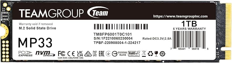 TEAMGROUP MP33 1TB SLC Cache 3D NAND TLC NVMe 1.3 PCIe Gen3x4 M.2 2280 Internal SSD R/W Speed up to 1800/1500 MB/s Laptop & PC Desktop TM8FP6001T0C101