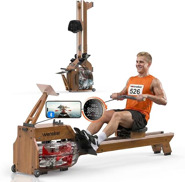 Water Rowing Machine for Home Use, WENOKER Wooden Foldable Rower Machine with Dedicated Monitor & Bluetooth APP, Large Water Tank & Comfortable Seat for Immersive Water Rower, 350LBS Weight Capacity