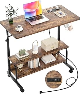 Armocity Rolling Standing Desk with Power Outlets, 32" Manual Height Adjustable Mobile Computer Desk with Wheels, Small Portable Sit Stand Laptop Couch Table for Bed & Sofa Home Office, Rustic Brown