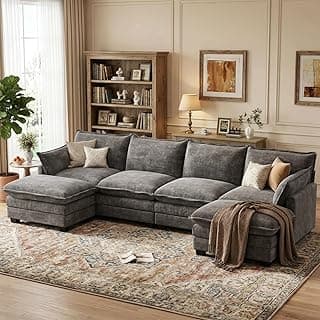 U Shaped Modular Sectional Sofa, Cloud Couch with Movable Ottoman, Comfy Chenille Sofa with Pillows for Living Room, Bedroom, Apartment, Dark Gray | Comfort, Softness, Good Quality, Ease of assembly, Sturdiness