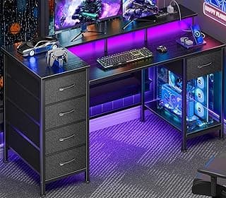 47 Inch Computer Desk with 5 Fabric Storage Drawers,Gaming Desk with Power Outlets & LED Lights,Reversible Home Office Desk with Monitor Stand for Working Writing Study, Black