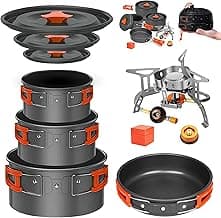 Camping Cookware Mess Kit Set with Stove - Backpacking Camping Pots and Pans Set, All in One Non-Stick Camping Cooking Set, Portable Stove, Hiking, Picnic, Outdoor & Camping Cookware Set