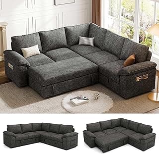 85 Inch Modular Sectional Sofa with Pull Out Bed,L Shaped 5 Seat Sectional Sleeper Sofa with Storage,Sectional Couches for Living Room,Cloud Modular Couch,Removable Sofa Cover, Dark Grey