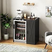 Herture Mini Fridge Cabinet with Storage, Coffee Bar Cabinet with Power Outlet, Fits 24" Wine Fridge, 3-Tier Organizer, Refrigerator Stand for Kitchen, Apartment, or Home Bar Black KH01MRB