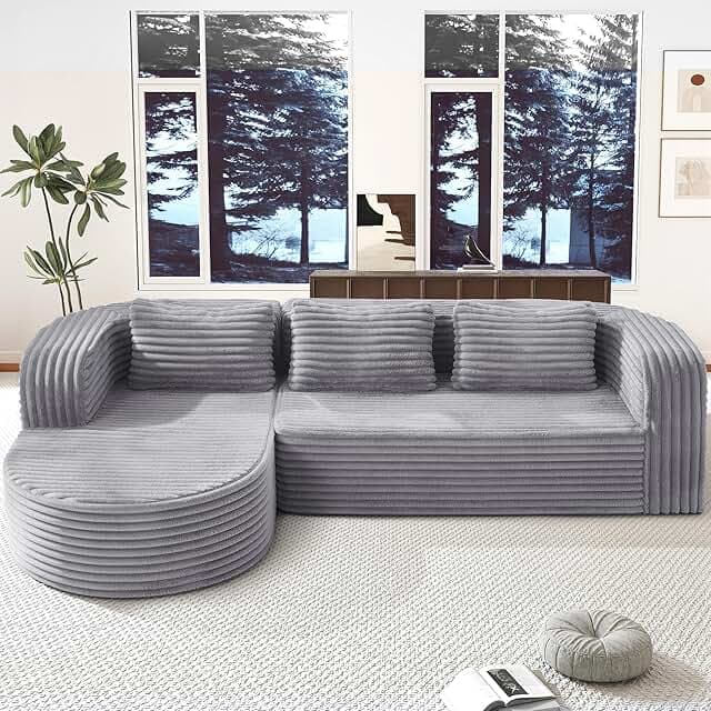 Hobestluk 96" Cloud Sectional Couch Modern Boneless Couch 3 Seater with Oversized Chaise L Shaped Modular Sofa for Living Room Apartment No Assembly Required (Stripe Lightgrey,Left Facing Chaise)